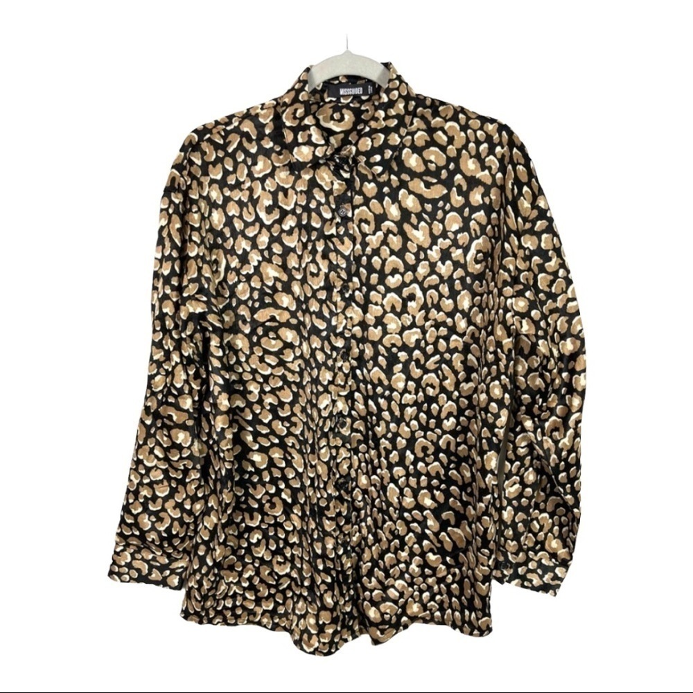 Missguided Leopard Print Button Down Shirt Long Sleeve Tan Black US 2